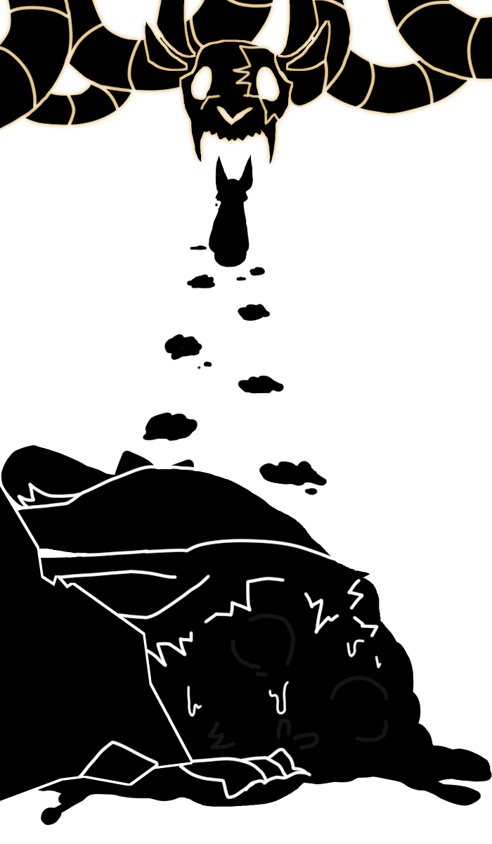 tick sits with their back to the viewer, before a massive catlike skull with no bottom jaw, and a break surrounding their right eye. they have a long spine that wind around the top of the image. there is a series of pawprints that lead away from tick, and at the other end is the body of a similar-looking creature to tick with no face, lying next to a rock. liquid pools beneath them and theres the shape of skull within the shattered head.